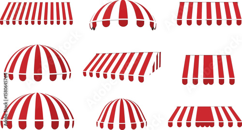 Collection of red and white striped awnings for shops and storefronts.