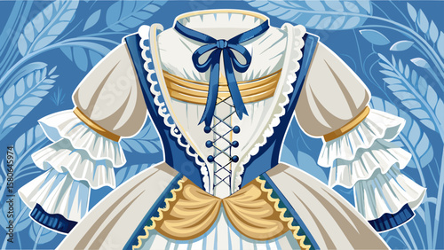 Colonial dress from Massachusetts showcases a lace-up corset, petticoat, and ruffled bonnet, perfect for capturing American historical elegance in a richly detailed vector illustration.