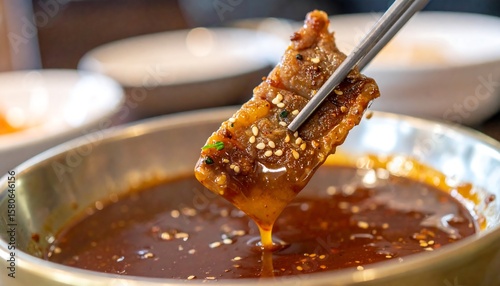 Delicious Samgyeopsal Dipped in Flavorful Sauce Captured with Shallow Depth of Field