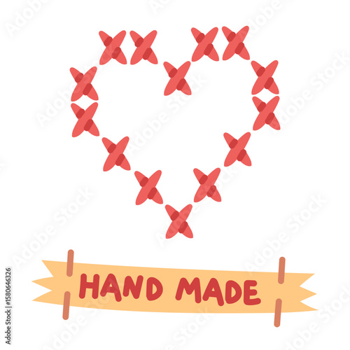 Heart embroidered with red thread. Heart and handmade sign. Handmade and love. Flat color illustration. Love for sewing, embroidery, and handicrafts. Hobby, creativity, symbol of love