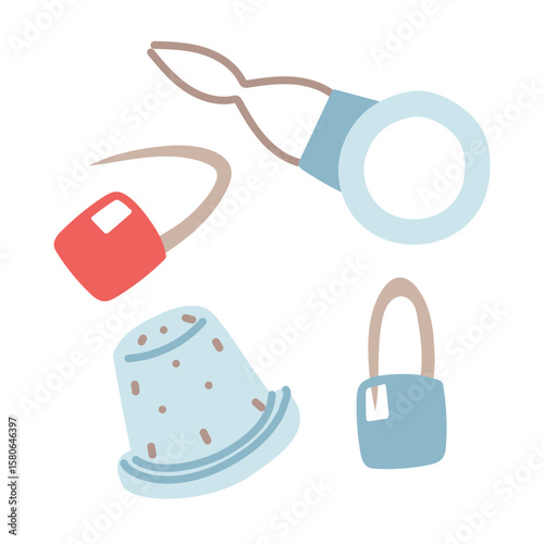 A set of accessories for sewing and knitting. A needle-holder, a thimble, and a pin. A flat color illustration. Isolated items for working with threads, yarn, and various fabrics. Handmade