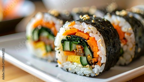 Neatly Rolled Kimbap with Fresh Vegetables and Sesame Seeds in Shallow Depth of Field