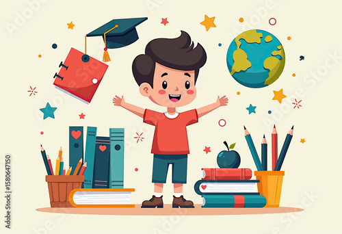 Excited boy surrounded by school supplies, including books, a globe, and pencils, celebrating the joy of learning and new academic beginnings.
