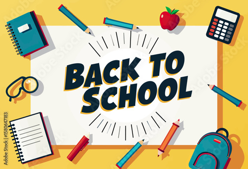 Vibrant "BACK TO SCHOOL" banner with colorful pencils, rulers, and a bright red apple, perfect for promoting educational supplies and new academic beginnings.
