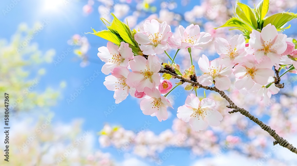 Fototapeta premium Cherry Blossoms Blooming in Spring Sunlight Under Clear Blue Sky