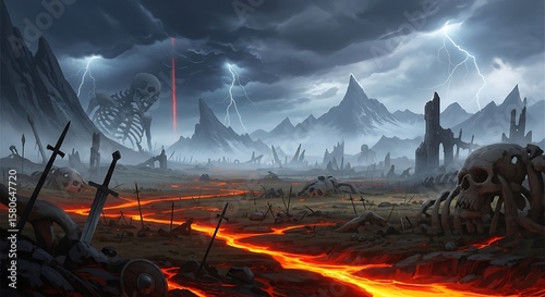 Apocalyptic battlefield with lava and skeletons