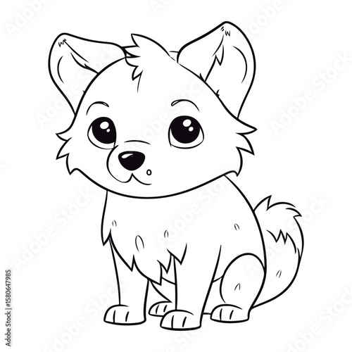 A black and white drawing of a baby Arctic Wolf kawai coloring page illustration.