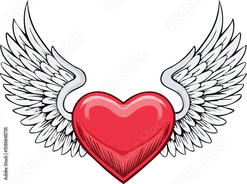 Romantic red heart with angel wings flying, a symbol of love and passion, perfect for Valentine's Day designs