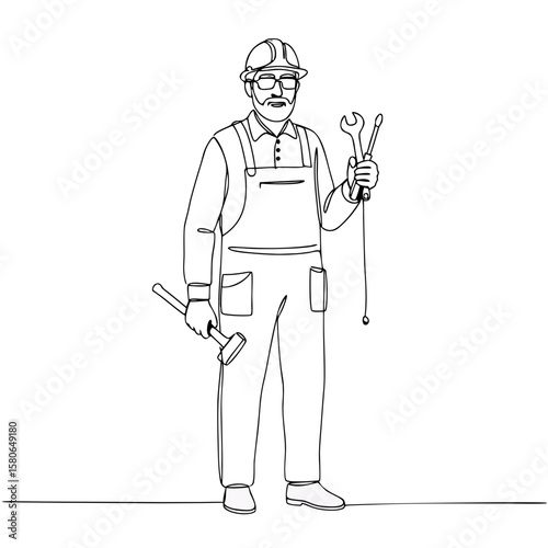 Elderly man holding tools in work attire and glasses indoors  