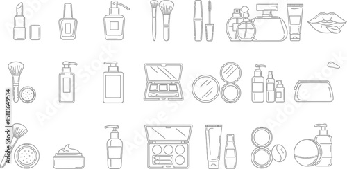 Cosmetic products line art showcases beauty and personal care items.