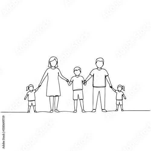 Family holding hands together in simple line art illustration  