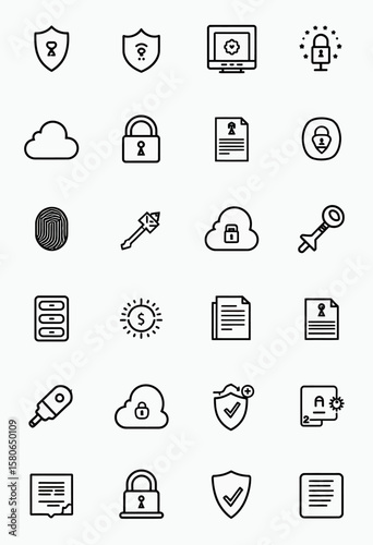 Minimalist outline icons for IT security and data management: cloud storage, padlocks, keys, fingerprints, and servers, ideal for digital protection and modern technology solutions.
