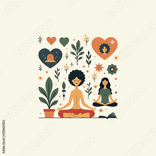 Joyful illustration featuring diverse women in meditative poses amidst plants and hearts, symbolizing shared wellness, community, and the holistic benefits of mindful self-care practices.
