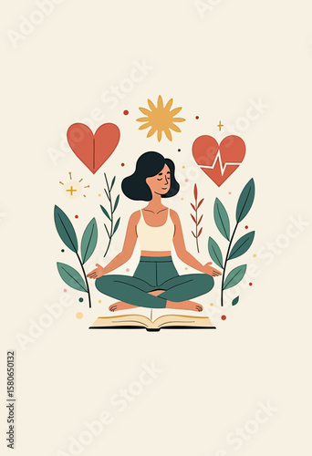 Vibrant illustration depicting a woman in meditation, surrounded by symbolic elements like sun, hearts, and plants, promoting holistic self-care, inner peace, and mental well-being through mindful pra