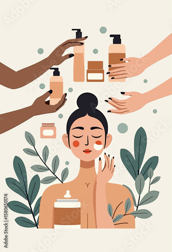 Inclusive beauty illustration showing a woman enjoying a skincare routine with diverse hands offering products, symbolizing shared wellness, expert care, and product variety.
