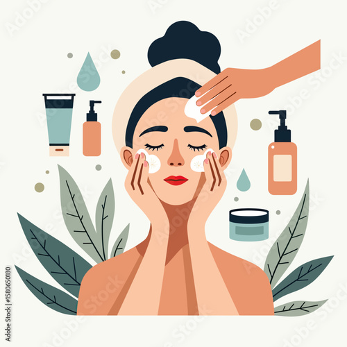 Serene illustration of a woman enjoying a rejuvenating facial skincare routine, applying cream to her face, symbolizing wellness, beauty, and mindful self-care rituals.
