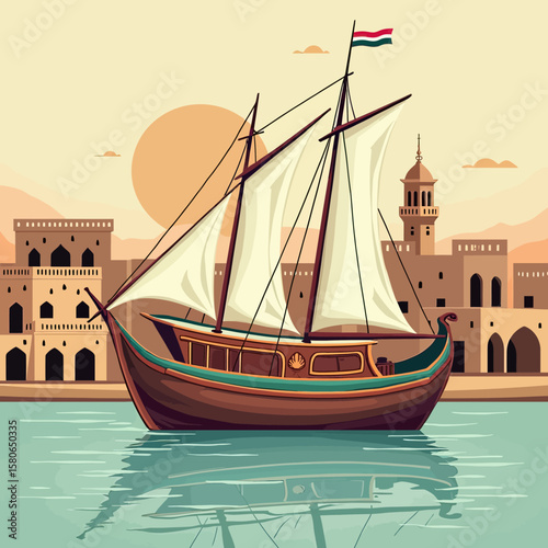 Timeless illustration of a traditional sailing dhow on serene waters, backed by an ancient Middle Eastern city and majestic sunset, perfect for cultural and historical tourism.
