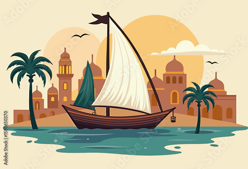 Vibrant illustration of a traditional dhow navigating calm waters by an ancient Middle Eastern city skyline and palm trees at sunset, perfect for cultural travel.
