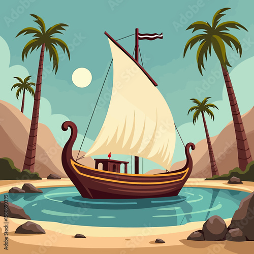 Experience the tranquil beauty of a traditional dhow sailing near palm trees and desert hills under a crescent moon, evoking a serene, exotic travel destination.
