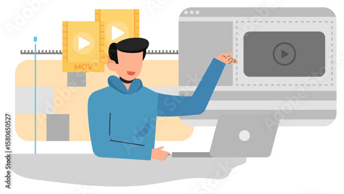 Modern Flat Video Editing Illustration. Editor Working on Timeline, Media Assets, and Content Creation Process