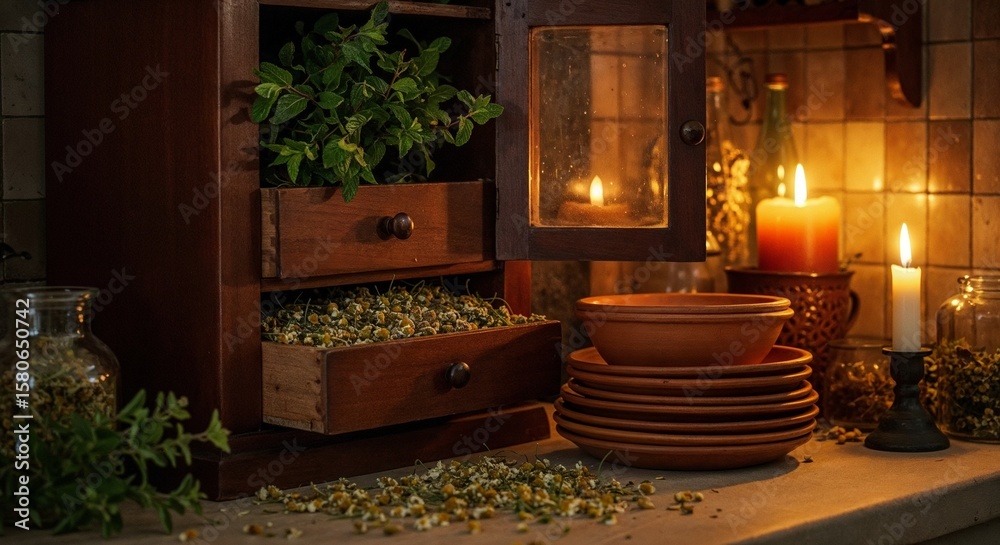 Obraz premium Cozy rustic kitchen scene with herbal cabinet, dried chamomile flowers, and warm candlelight creating a serene and inviting atmosphere for relaxation and culinary inspiration