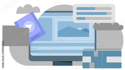 Modern Flat Video Editing Illustration. Editor Working on Timeline, Media Assets, and Content Creation Process