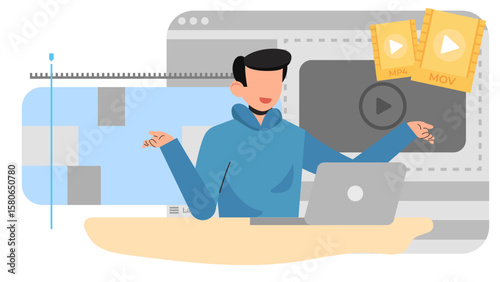 Modern Flat Video Editing Illustration. Editor Working on Timeline, Media Assets, and Content Creation Process