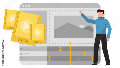 Modern Flat Video Editing Illustration. Editor Working on Timeline, Media Assets, and Content Creation Process