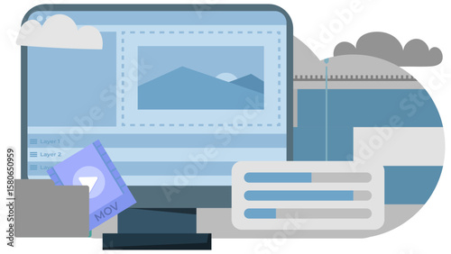 Modern Flat Video Editing Illustration. Editor Working on Timeline, Media Assets, and Content Creation Process