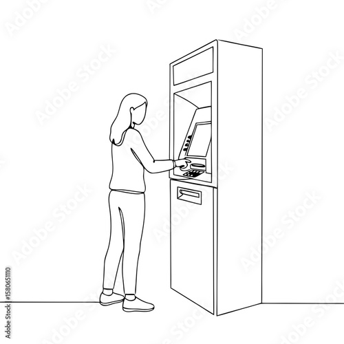 Woman using ATM to withdraw cash in minimalist line art style  
