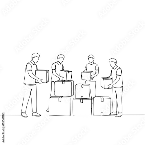 Four men packing boxes together in line art style  