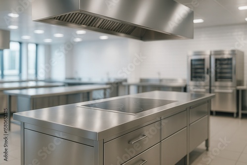 Modern High Tech Culinary Kitchen Interior with Stainless Steel Appliances and Cooking Stations