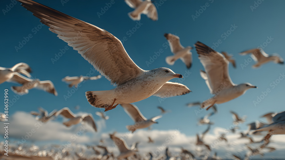 Obraz premium A flock of seagulls flying in the sky