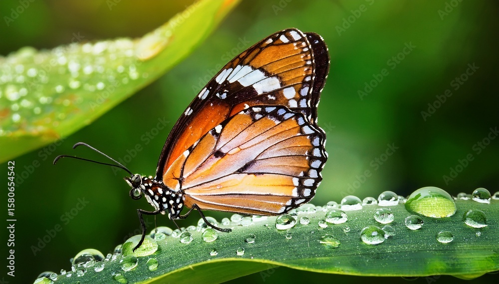 Fototapeta premium butterfly resting on a leaf with water droplets