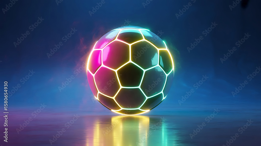 Naklejka premium Neon Soccer Ball Floating on Water A Stunning Display of Light and Reflection in a Dark Environment