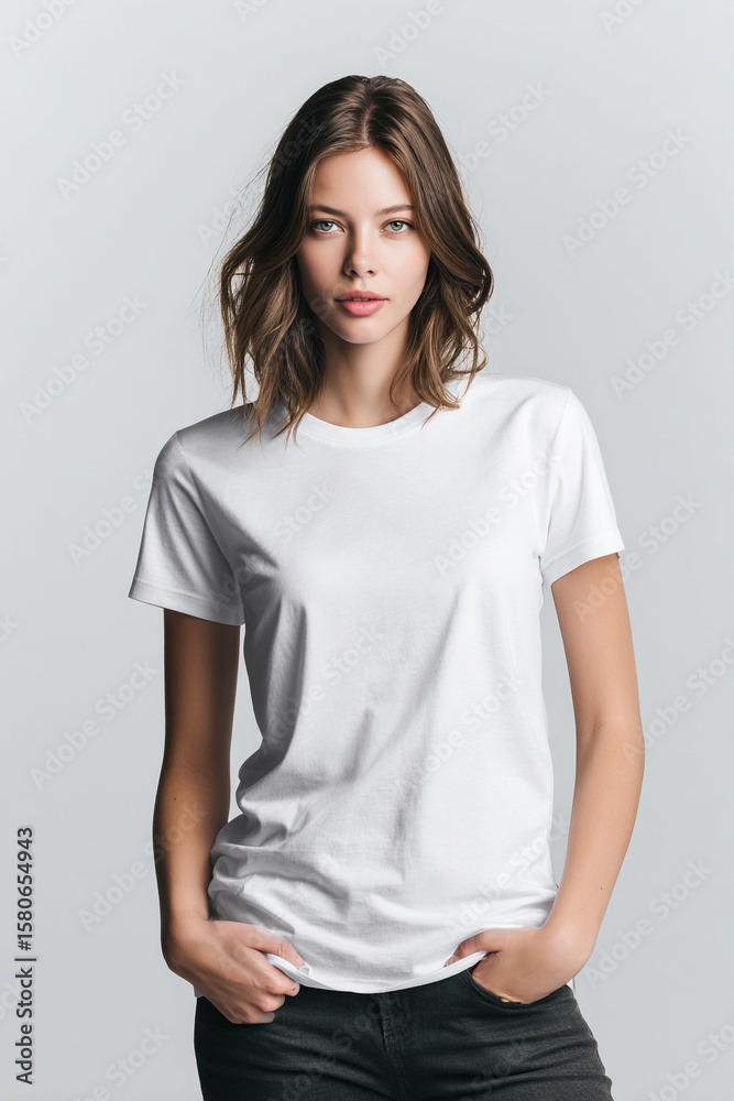 A beautiful female model wearing a white t-shirt. A product shot for fashion and apparel. best use for mockup. A beautiful female model wearing a white t-shirt. A product shot for fashion and apparel. best use for mockup.