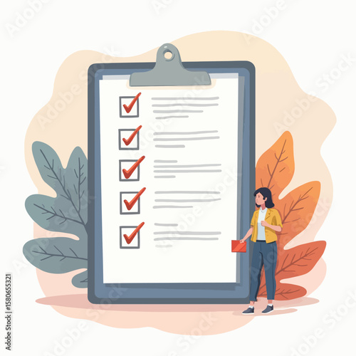 A woman stands near a large clipboard with completed tasks, holding an envelope.