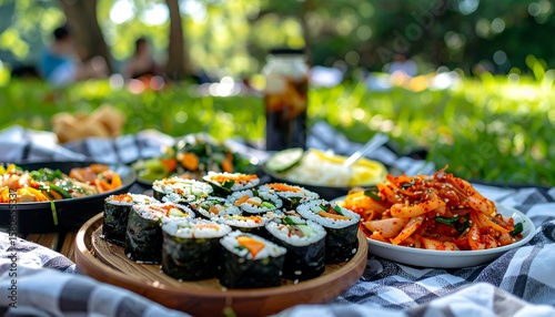 Wallpaper Mural Vibrant Picnic Scene with Korean Kimbap and Snacks Surrounded by Nature Torontodigital.ca
