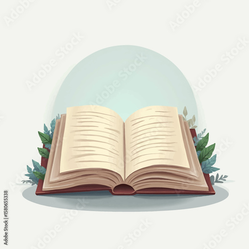 An open book with pages displayed, surrounded by foliage and a soft background.