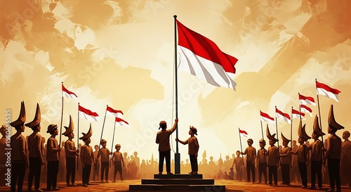 Indonesian flag raising ceremony, two children hoisting the national flag, surrounded by a crowd in traditional attire.