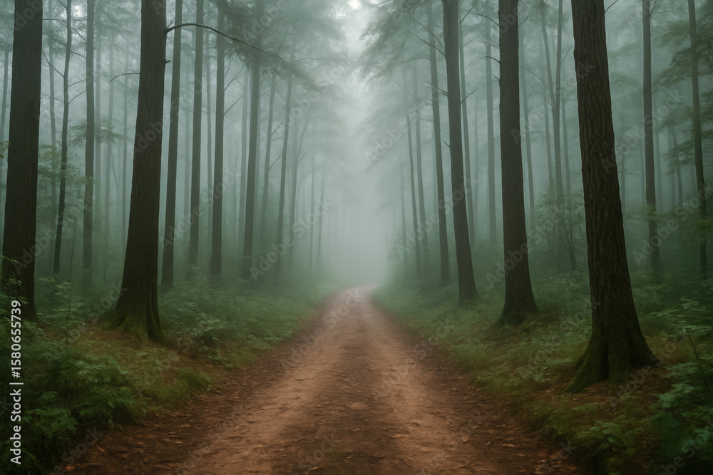 Obraz premium Misty forest path surrounded by tall trees and greenery