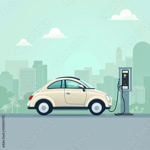 A beige electric car is charging at a station in a city setting.