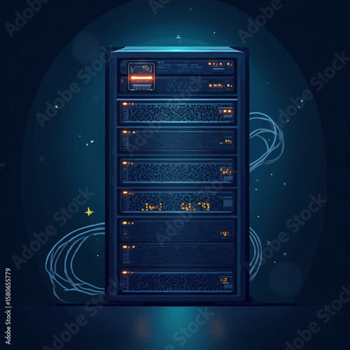 Digital illustration of a server rack, glowing with data and connected cables.
