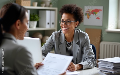 Social worker assisting migrants with paperwork and legal documents, sense of guidance and support, focus on integration and rights, office setting with files and forms. High quality