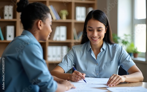 Social worker assisting migrants with paperwork and legal documents, sense of guidance and support, focus on integration and rights, office setting with files and forms. High quality