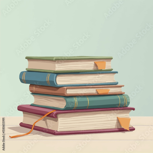 A stack of five colorful books with bookmarks on a light surface against a pastel background.