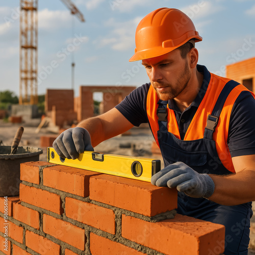 Construction worker leveling brick wall with accurate tool on site