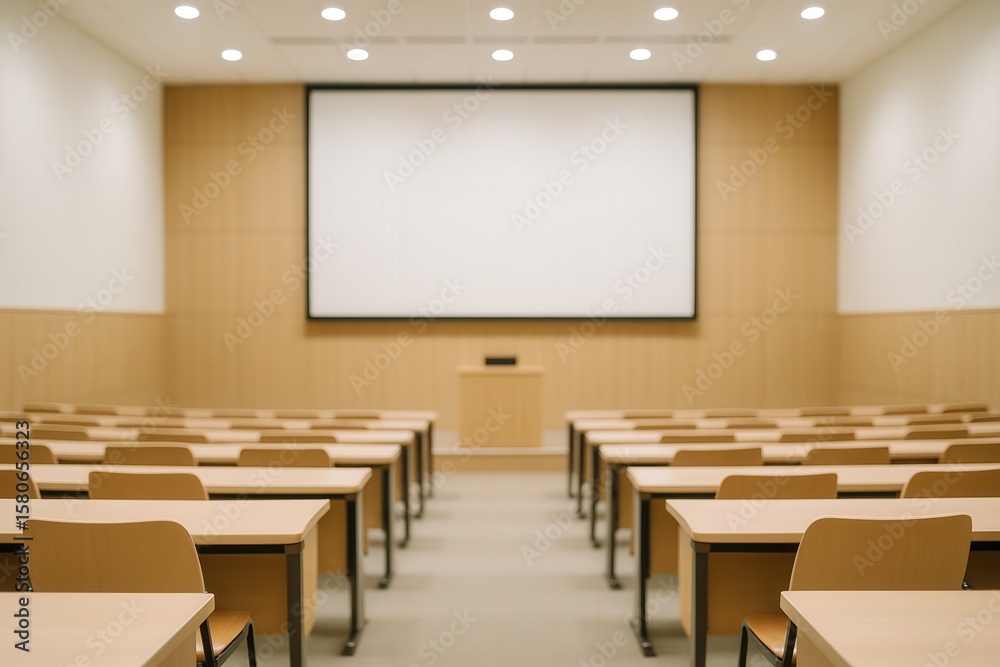 Fototapeta premium Modern Lecture Hall With Wooden Furnishings and Projector Screen for Educational or Conference Use