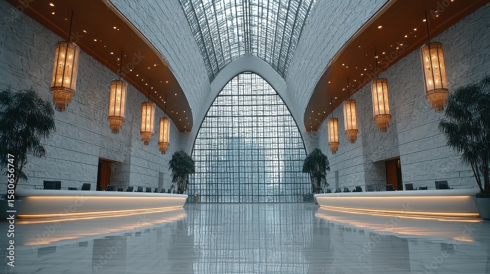 Obraz premium Elegant Modern Lobby Interior with White Stone Walls and Intricate Lattice Doorway