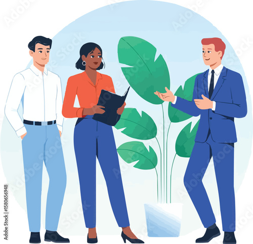 Diverse business professionals collaborating and discussing ideas in a modern office setting